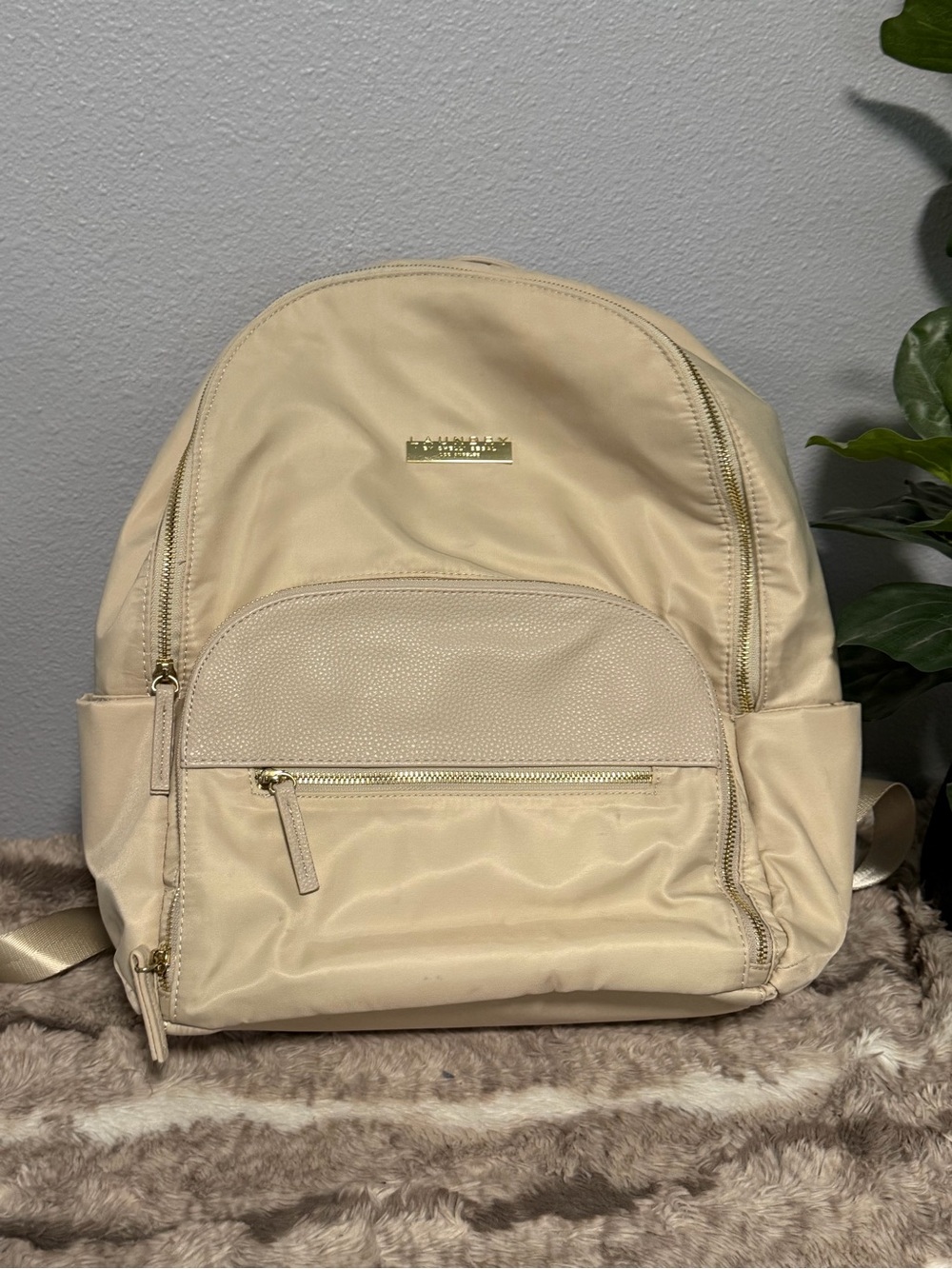 Laundry by Shelli Segal Cream Nylon Backpack with Gold Accents